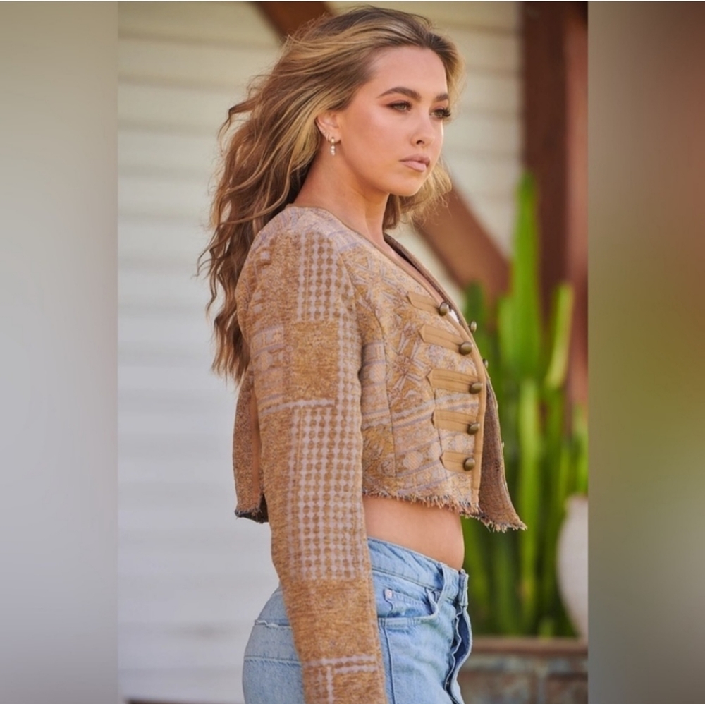 BNWT! L" FREE PEOPLE Juliette Cropped Jacket in Gold Combo - Picture 15 of 16